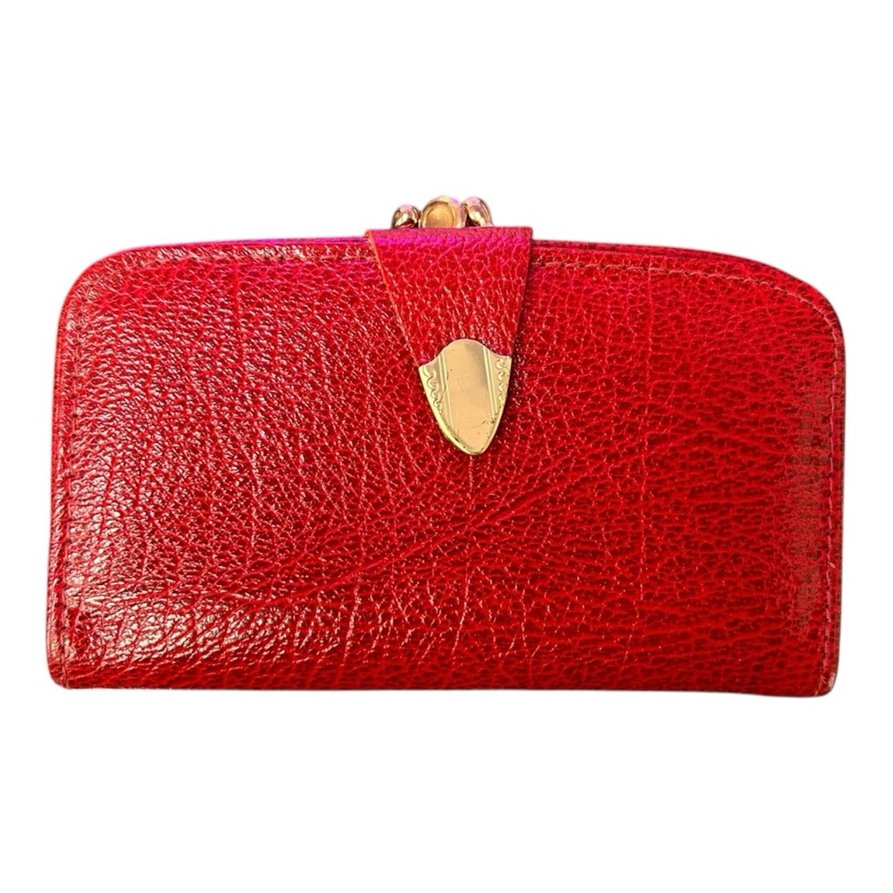 Vintage Red Leather Wallet with Double Kiss Lock Closure